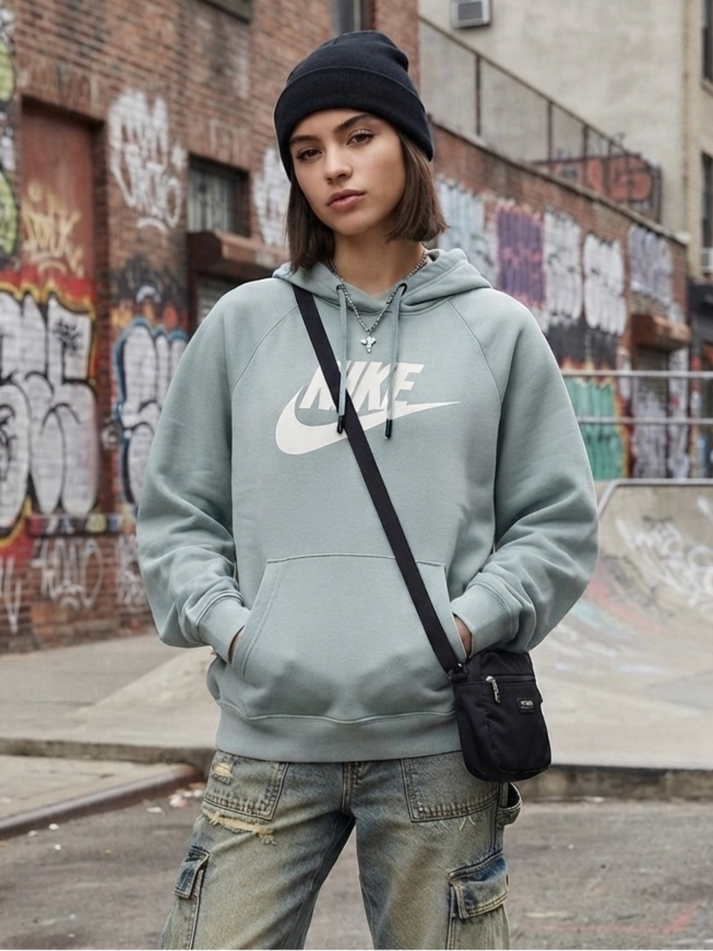 Nike Sage Green/Blue Pullover Hoodie with White Swoosh